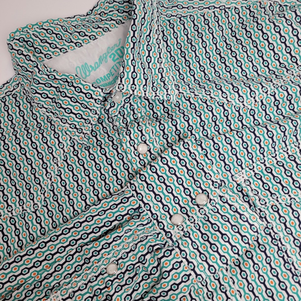 Wrangler 20X Competition Shirt Mens L Teal Geometric Snap Westrn MJC165M Excllnt